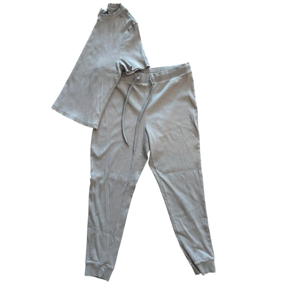 H&M BABY BLUE RIBBED MATCHING SET T-SHIRT JOGGERS CO-ORD SIZE LARGE - Picture 2 of 8